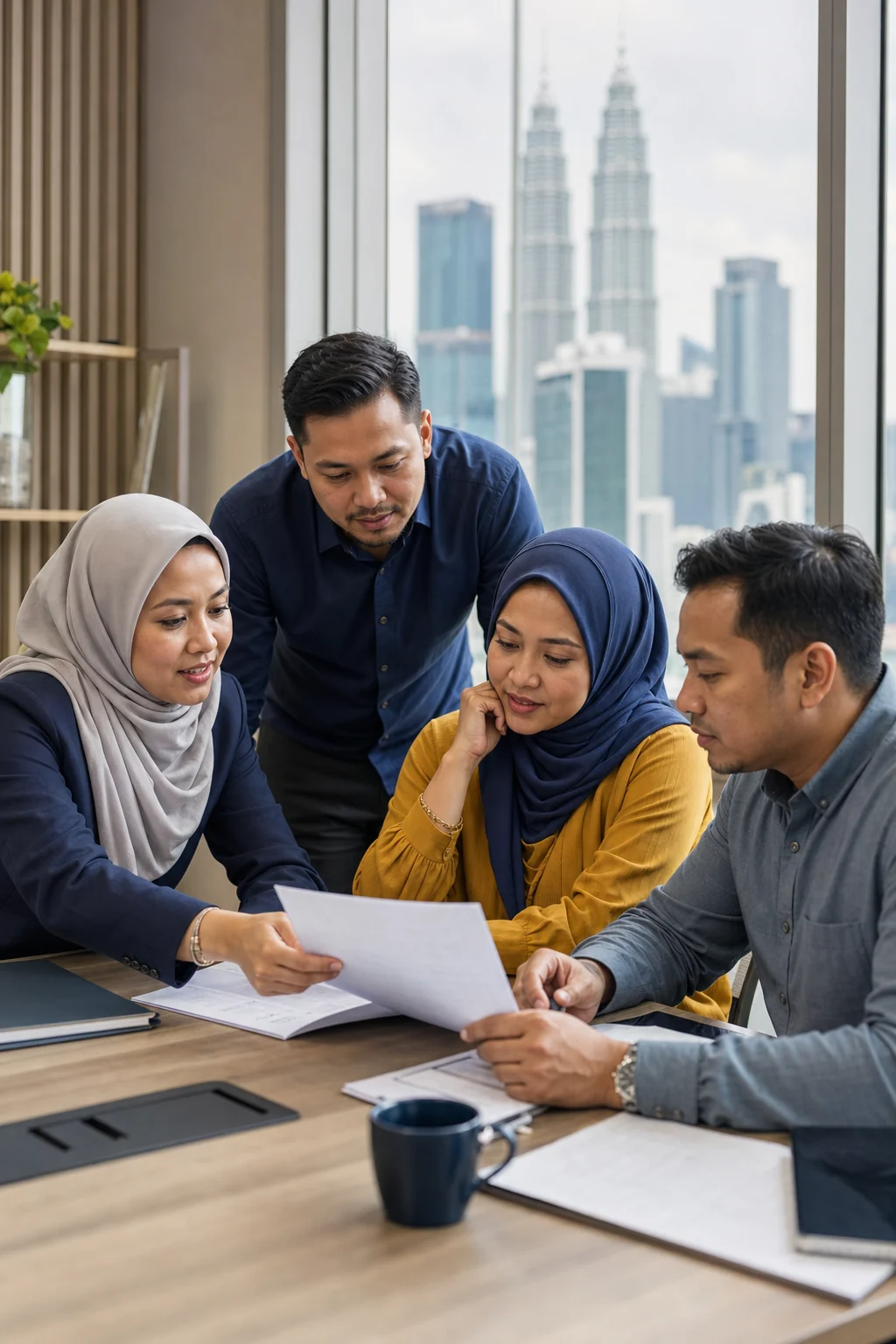 Malaysian SME leaders, including two women wearing hijab, reviewing workforce plans with an HR consultant